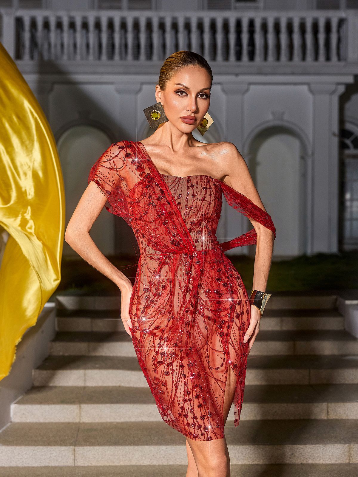 Split Sequin Mini Dress In Red
