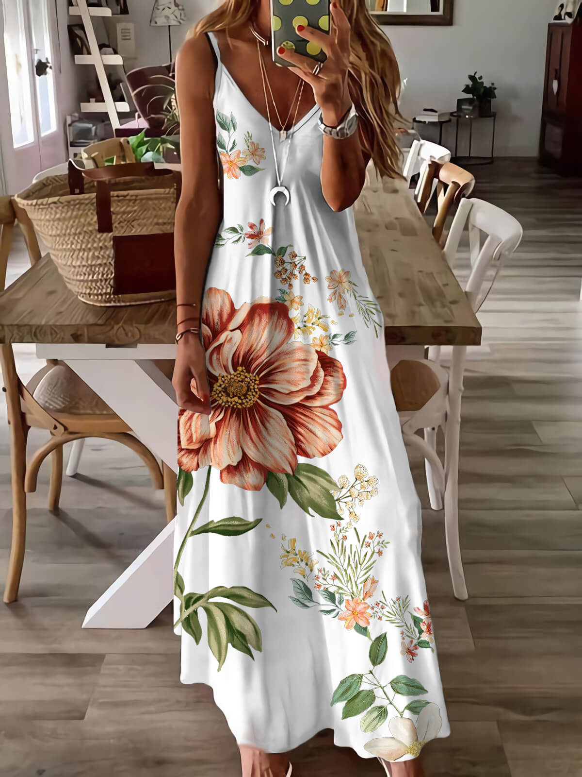 Basic Sleeveless White Print Maxi Dress