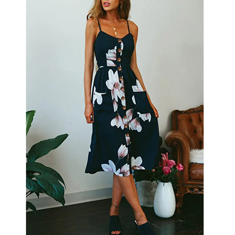 Printed Sling VNeck Summer Midi Dress