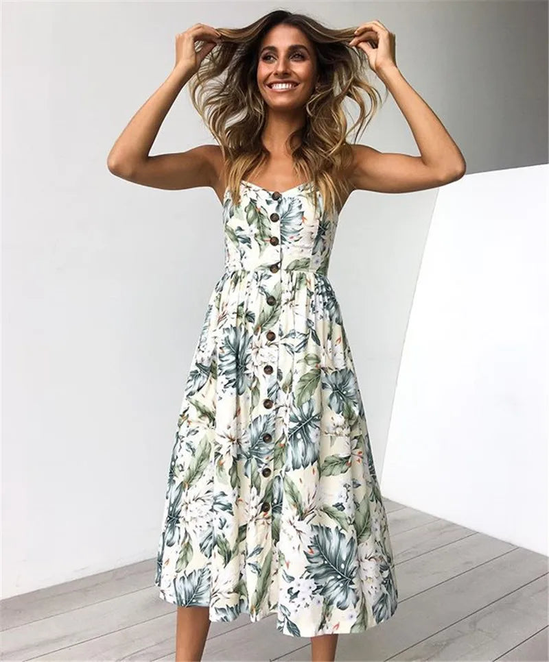 Printed Sling VNeck Summer Midi Dress