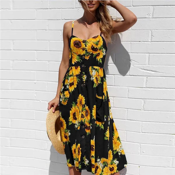 Beach Printing Suspenders Robe VNeck Seeveless Women's Vestiti Donna Midi Dresses