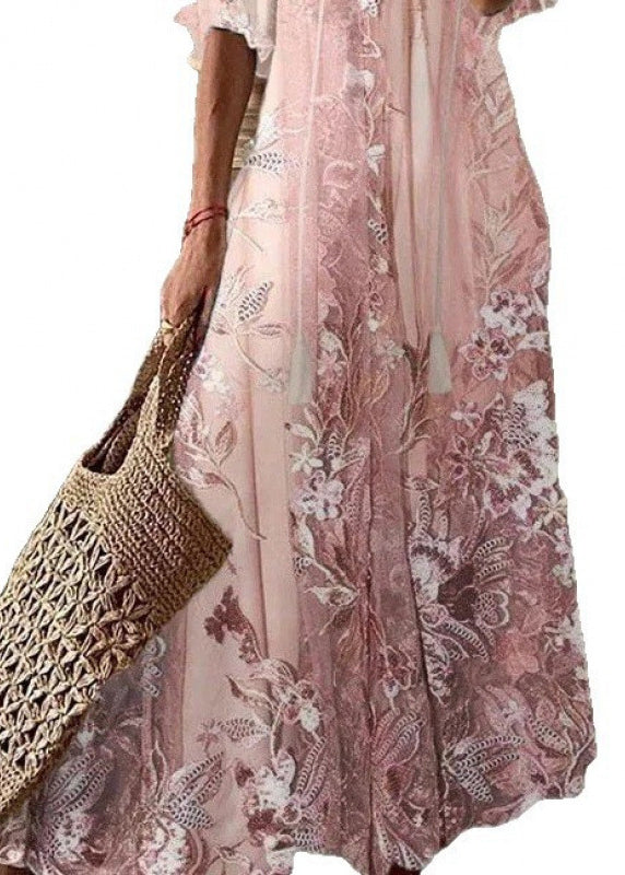 Beautiful Pink V Neck Print Chiffon Maxi Dresses Summer