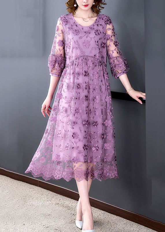 Beautiful Purple O-Neck Embroidered Tulle Long Dresses Half Sleeve