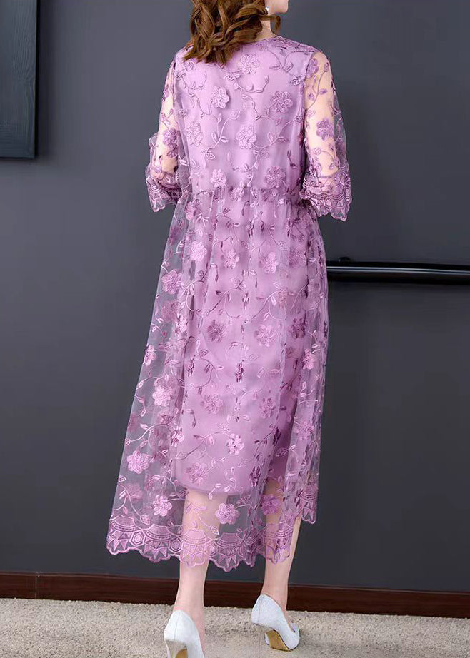 Beautiful Purple O-Neck Embroidered Tulle Long Dresses Half Sleeve