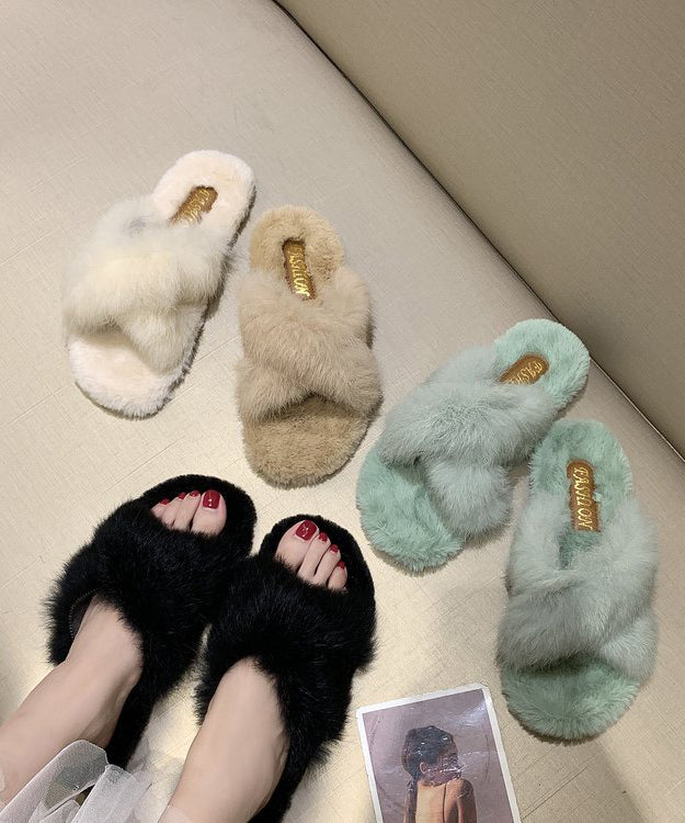 Fuzzy Faux Fur Cross Band Open Toe Slippers 5
