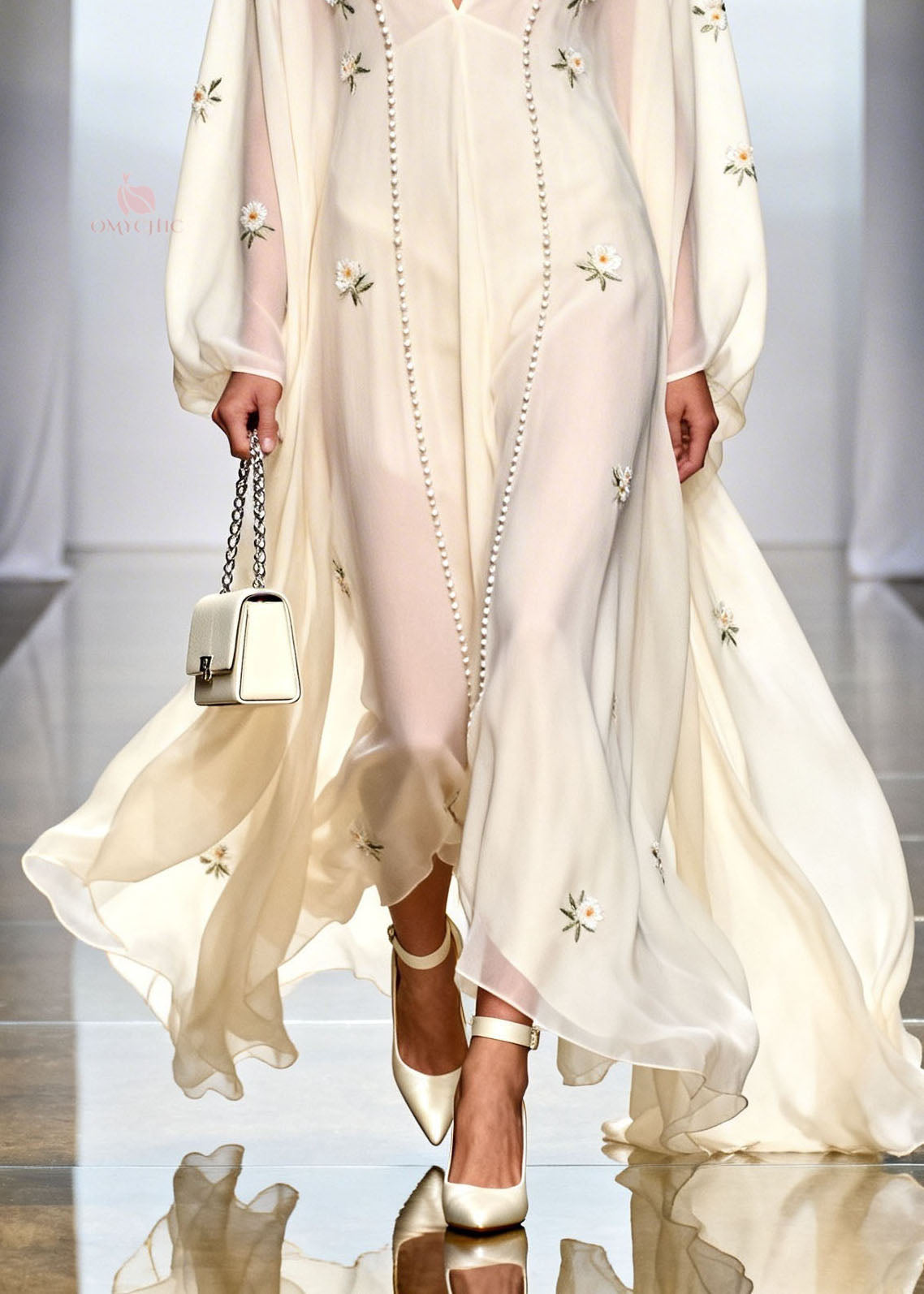 Beautiful White V Neck Floral Zircon Chiffon Dresses Spring