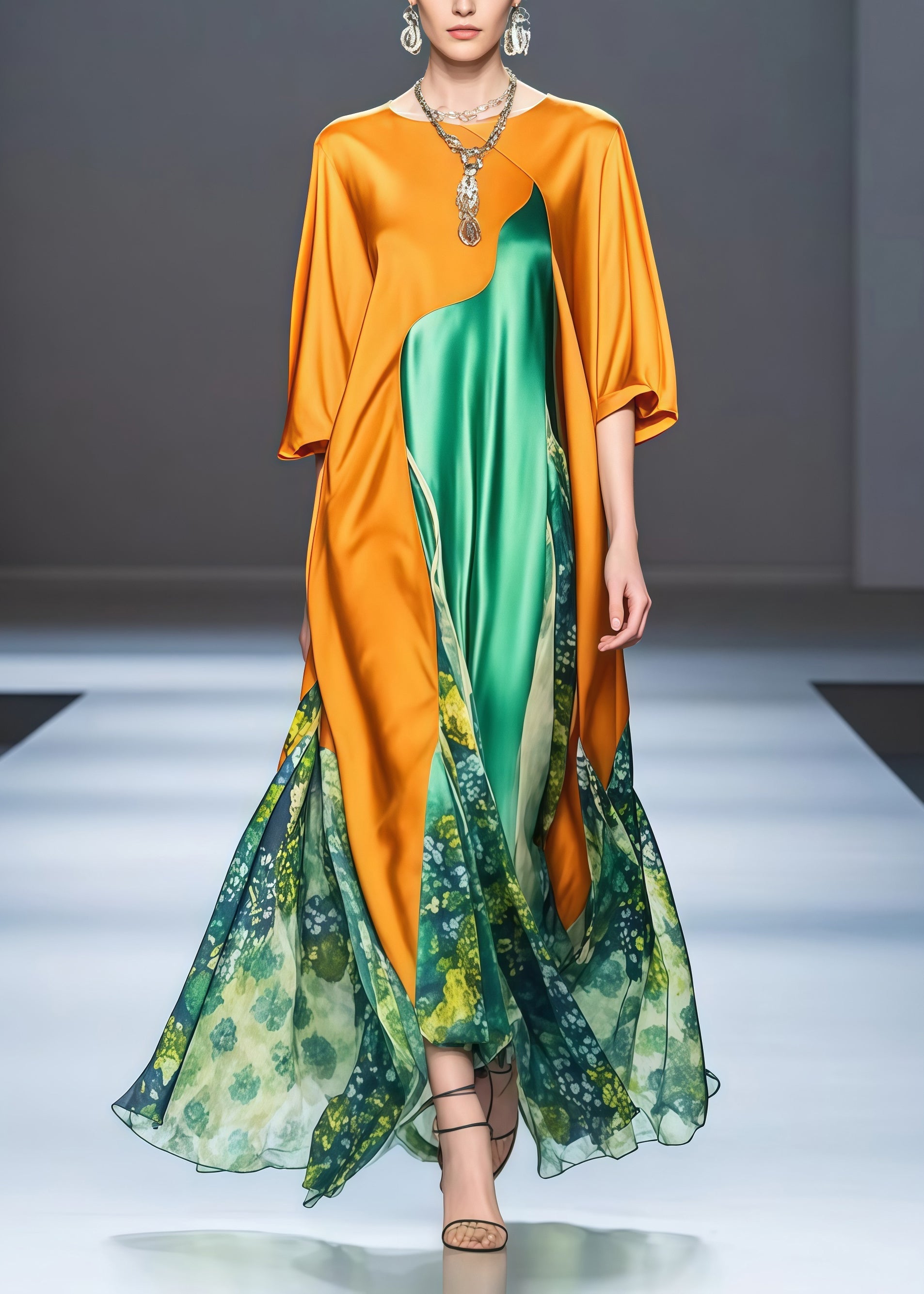 Beautiful Yellow Asymmetrical Patchwork Draping Silk Holiday Dress Spring