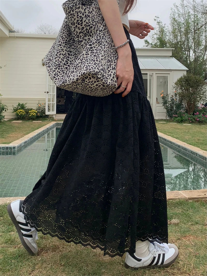 Black Lace Ruffled High Waist ALine Skirt