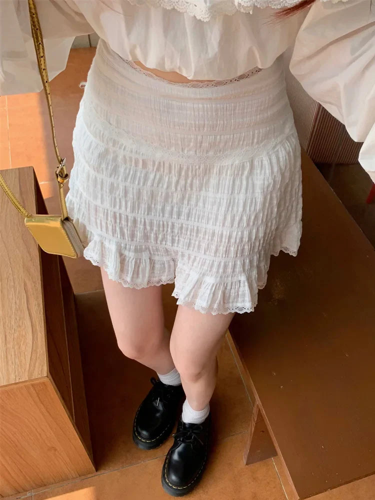 White Lace Trim Ruffled Sweet High Waist ALine Skirt
