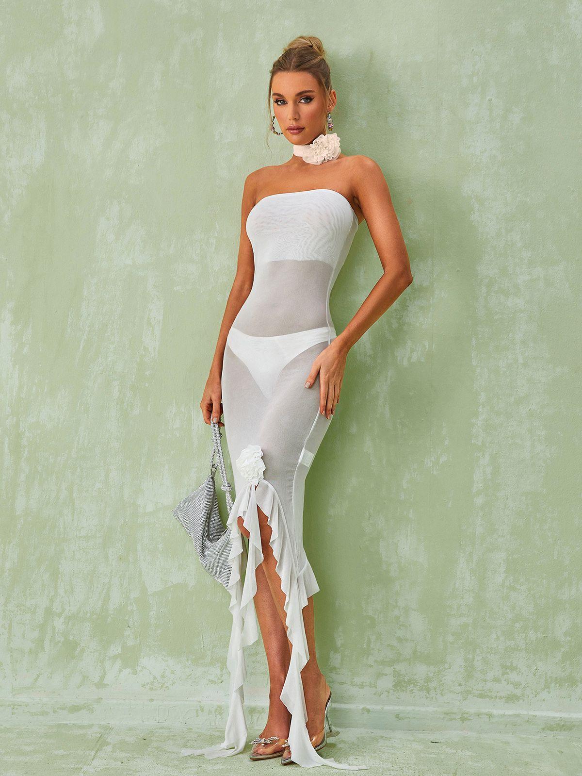 Strapless Sheer Mesh Ruffle Rosette Mermaid Maxi Dress