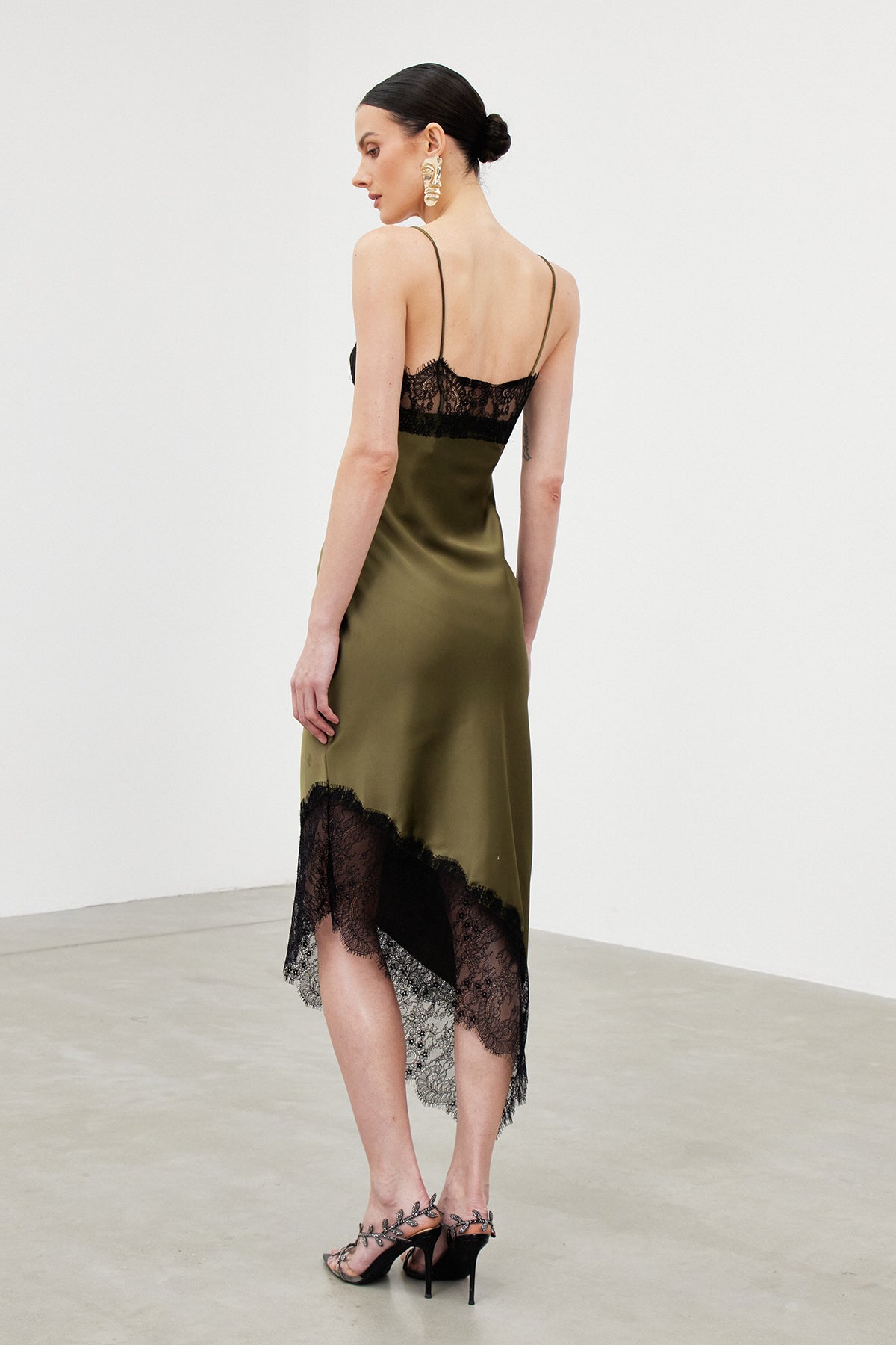 Bess Spaghetti Lace Asymmetric Midi Dress