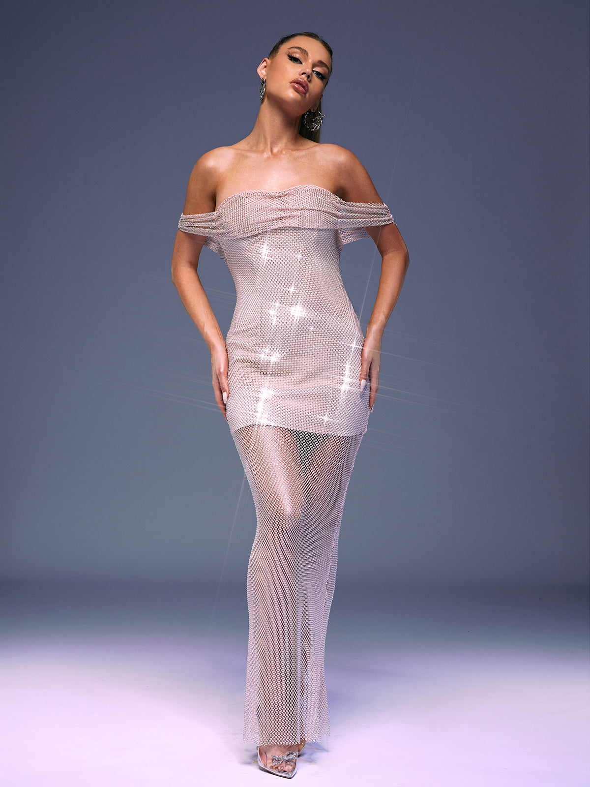 Off-Shoulder Rhinestone Fishnet Mesh Sheer Bodycon Maxi Dress
