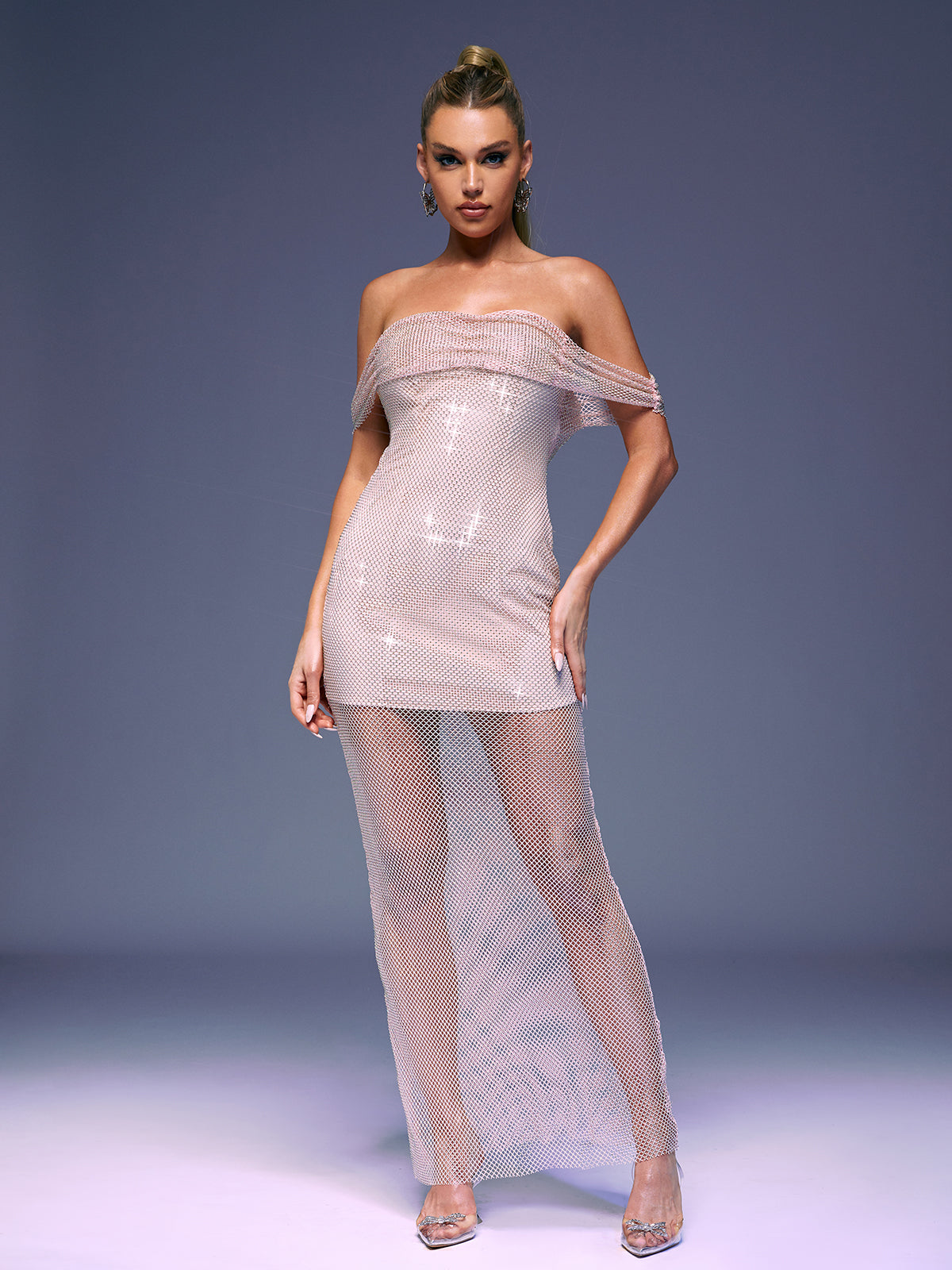 Off-Shoulder Rhinestone Fishnet Mesh Sheer Bodycon Maxi Dress