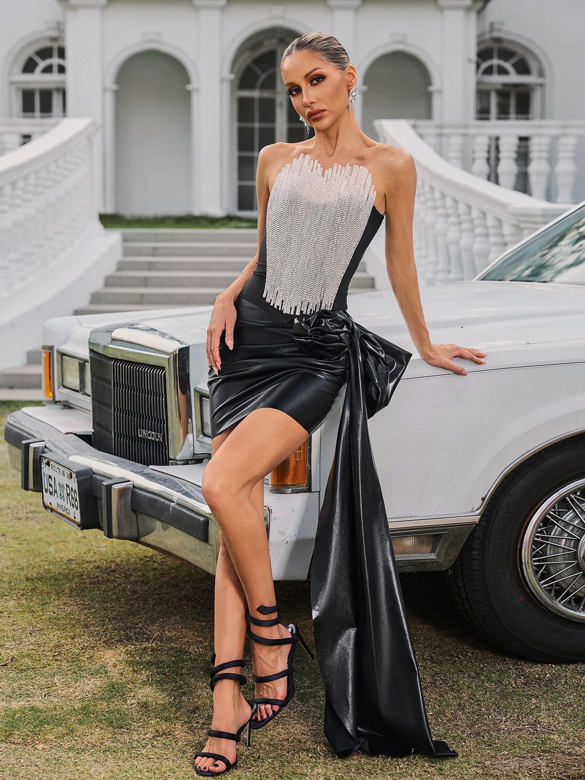 Strapless Draped Leather Mini Dress