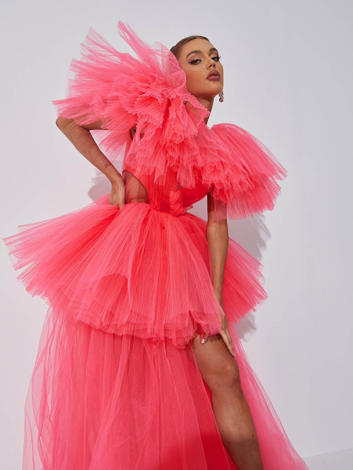 Plunge Neck Ruffle Tiered Tulle Cutout Maxi Gown