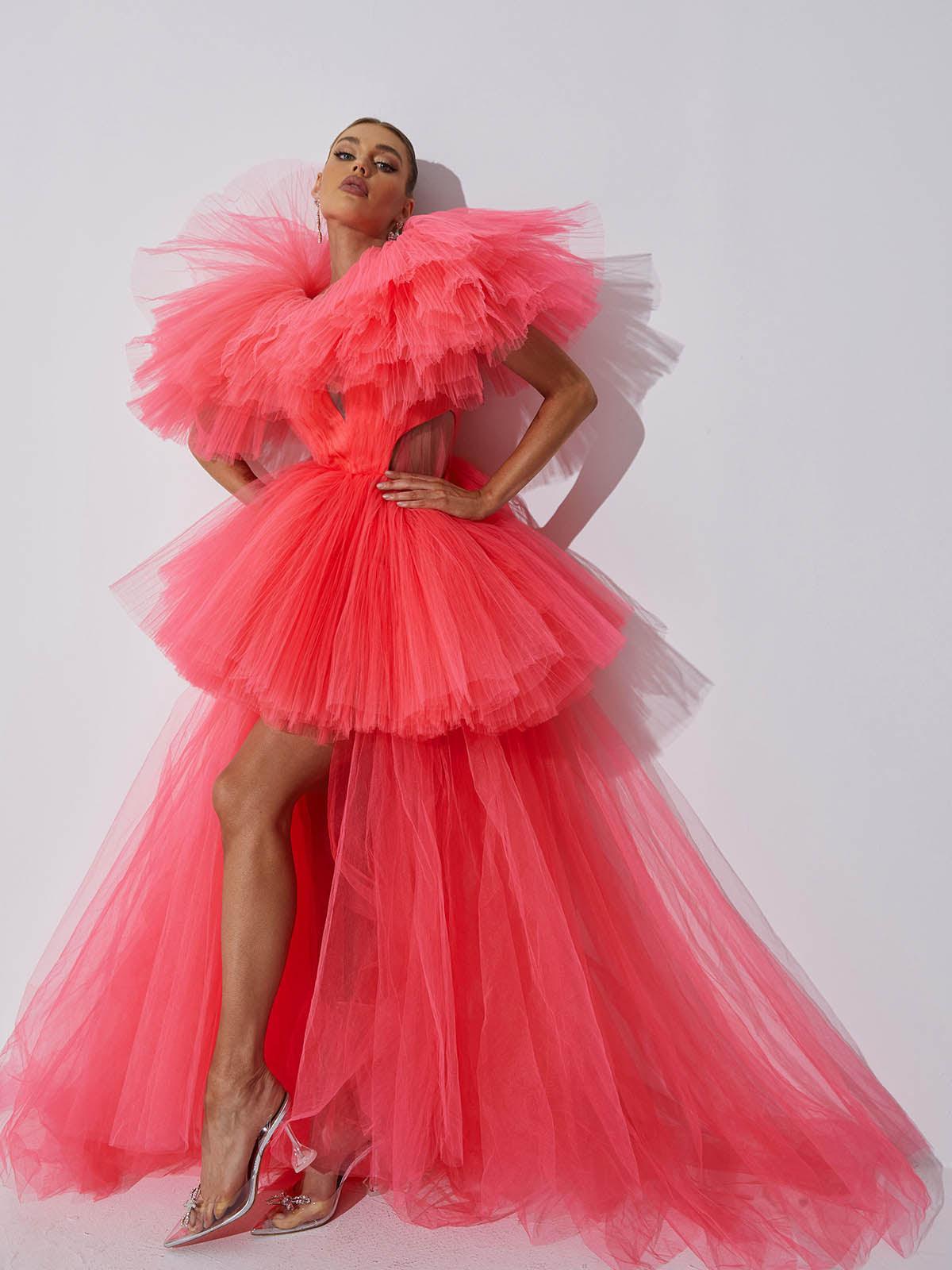 Plunge Neck Ruffle Tiered Tulle Cutout Maxi Gown