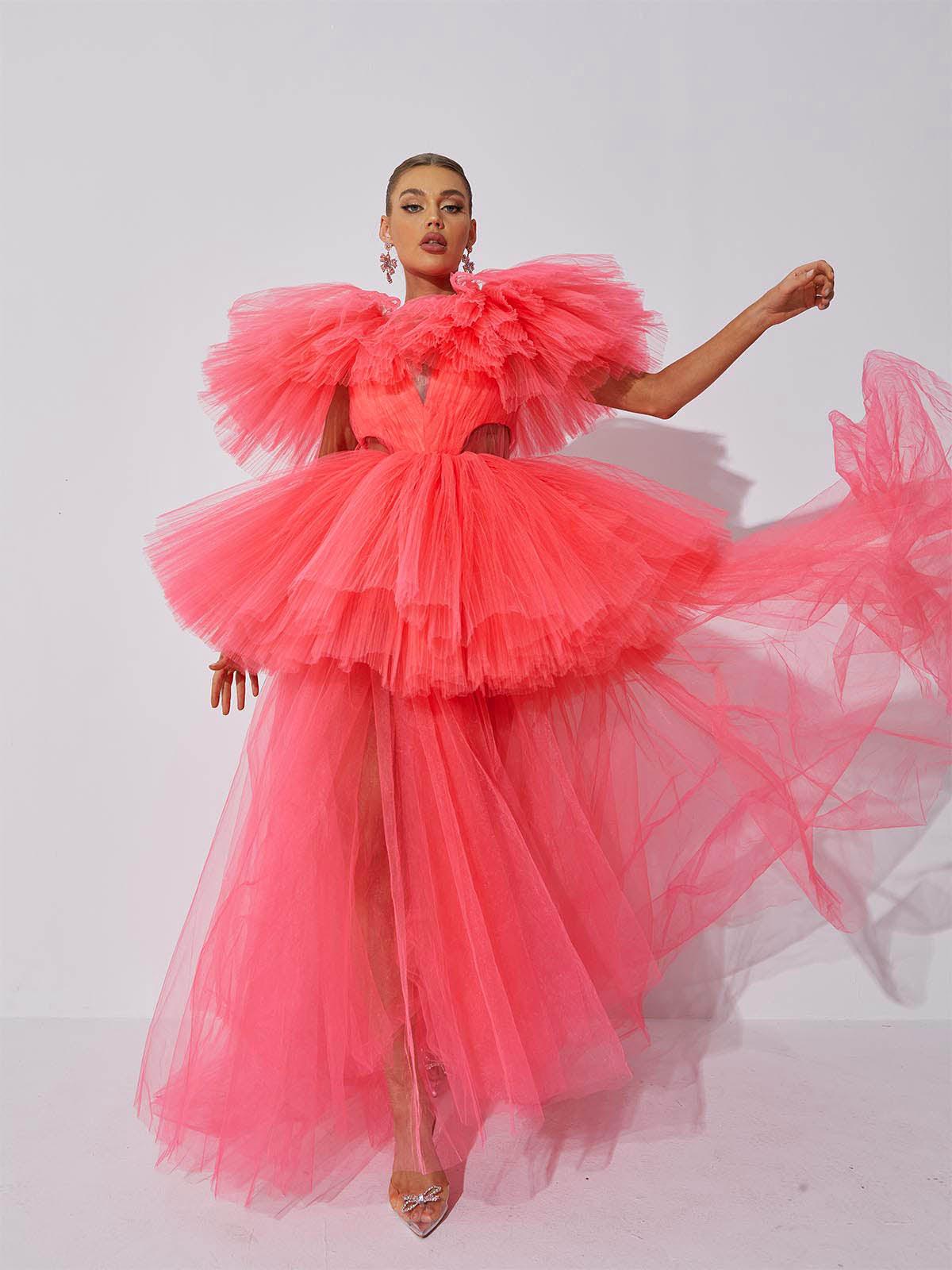 Plunge Neck Ruffle Tiered Tulle Cutout Maxi Gown