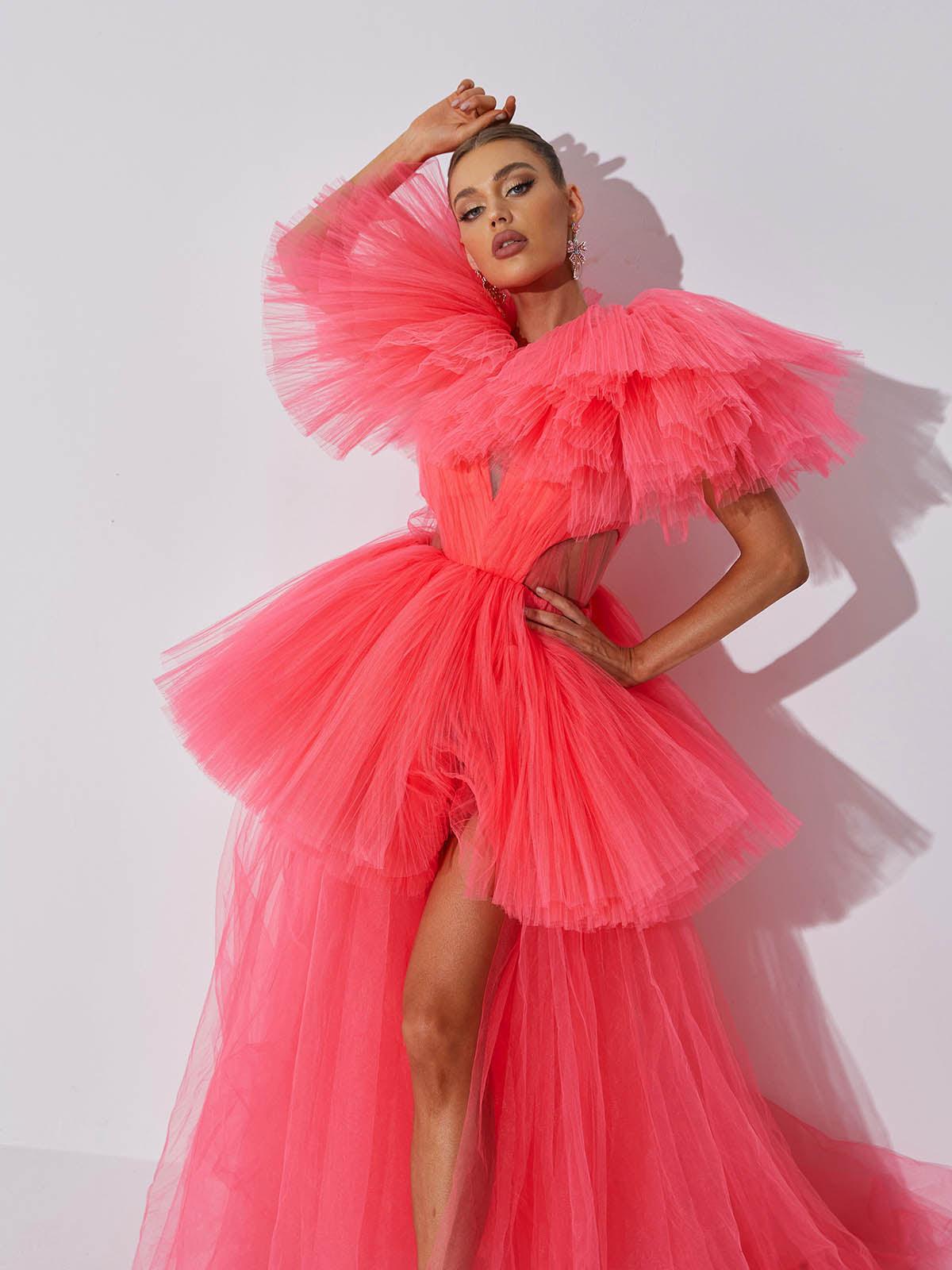 Plunge Neck Ruffle Tiered Tulle Cutout Maxi Gown