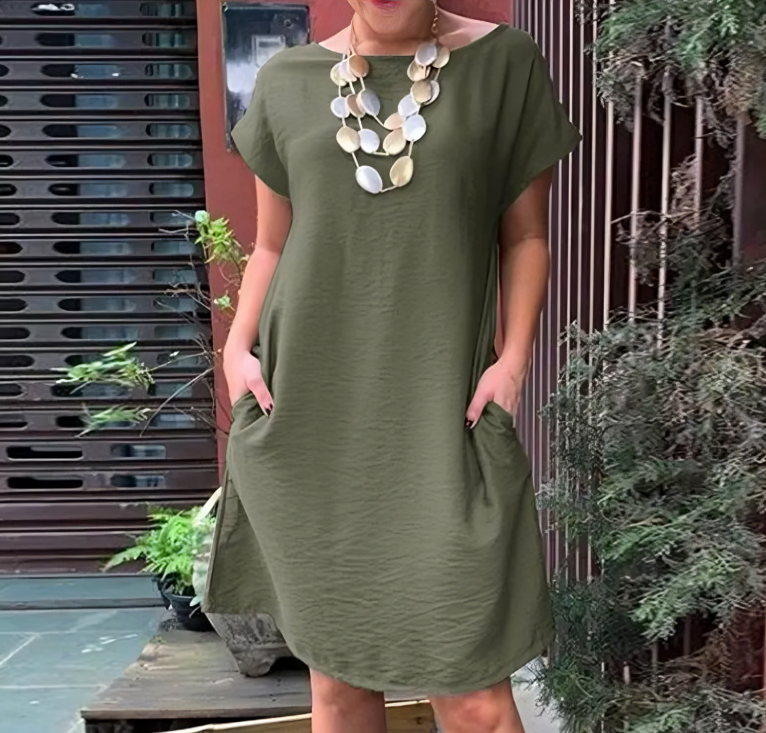 Harper Chic Loose Round Neck Short Sleeve Dress Elevated Occasion Wear