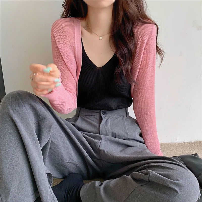 Thin Long Sleeve Sunscreen Cropped Solid Knit Cardigan