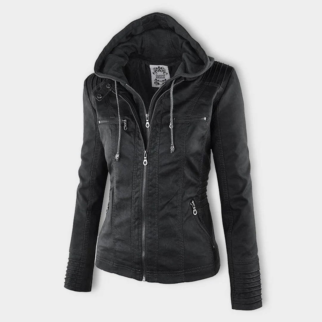 Hooded Zip Front Faux Leather Moto Biker Jacket