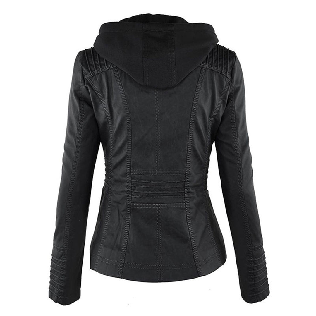 Hooded Zip Front Faux Leather Moto Biker Jacket