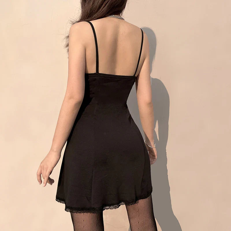 Black Gothic Lolita Style Lace Trim Sleeveless V Neck Bow Y2K Aesthetic Grunge Mini ALine Dress