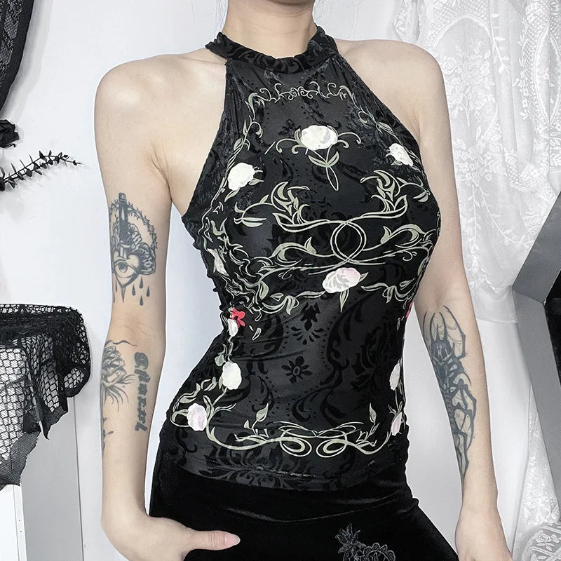 NeoChinese Style Vintage Plant Print Flocking Backless Crop Top