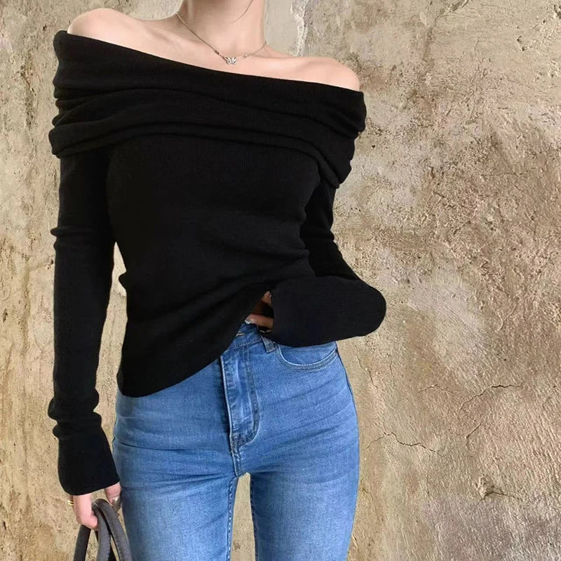 Sexy Slash Neck Pleated Knitted Sweater Black / S