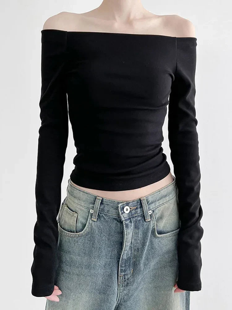 Black Slash Neck Elegant Long Sleeve Slim Knit Top Black / S knittop-250126