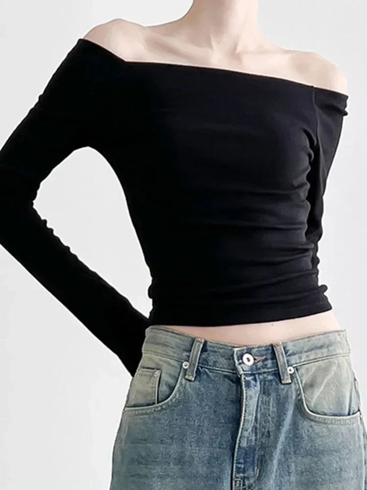 Black Slash Neck Elegant Long Sleeve Slim Knit Top