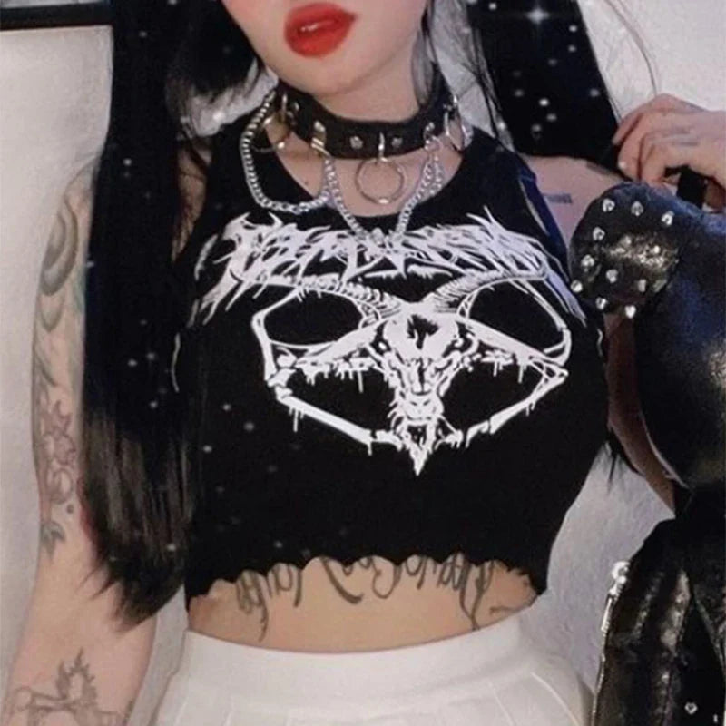 Black Knitted Grunge Punk Goth Goat Head Print Summer Sexy Sleeveless Oneck Crop Top