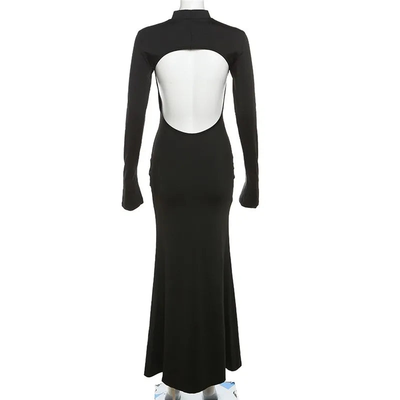 Black TurtleNeck Backless Maxi For Women Elegant Evening Trumpet Sleeves Autumn Bodycon Long Cut Out Dress