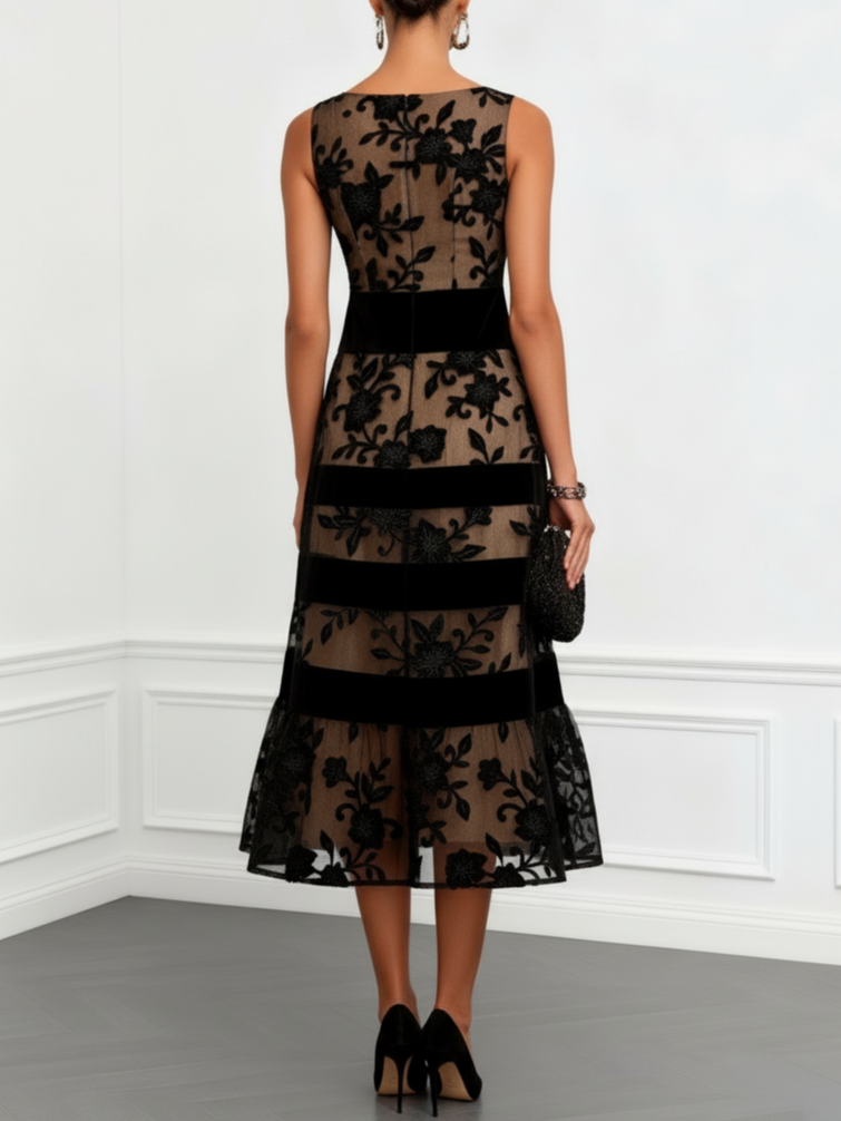 Black Boat Neck Sleeveless Floral Lace Velvet Stripe A-Line Midi Dress 2