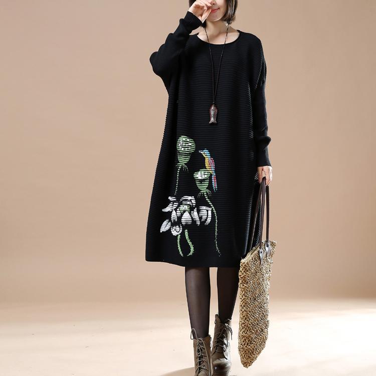 Black floral sweaters long knit dress