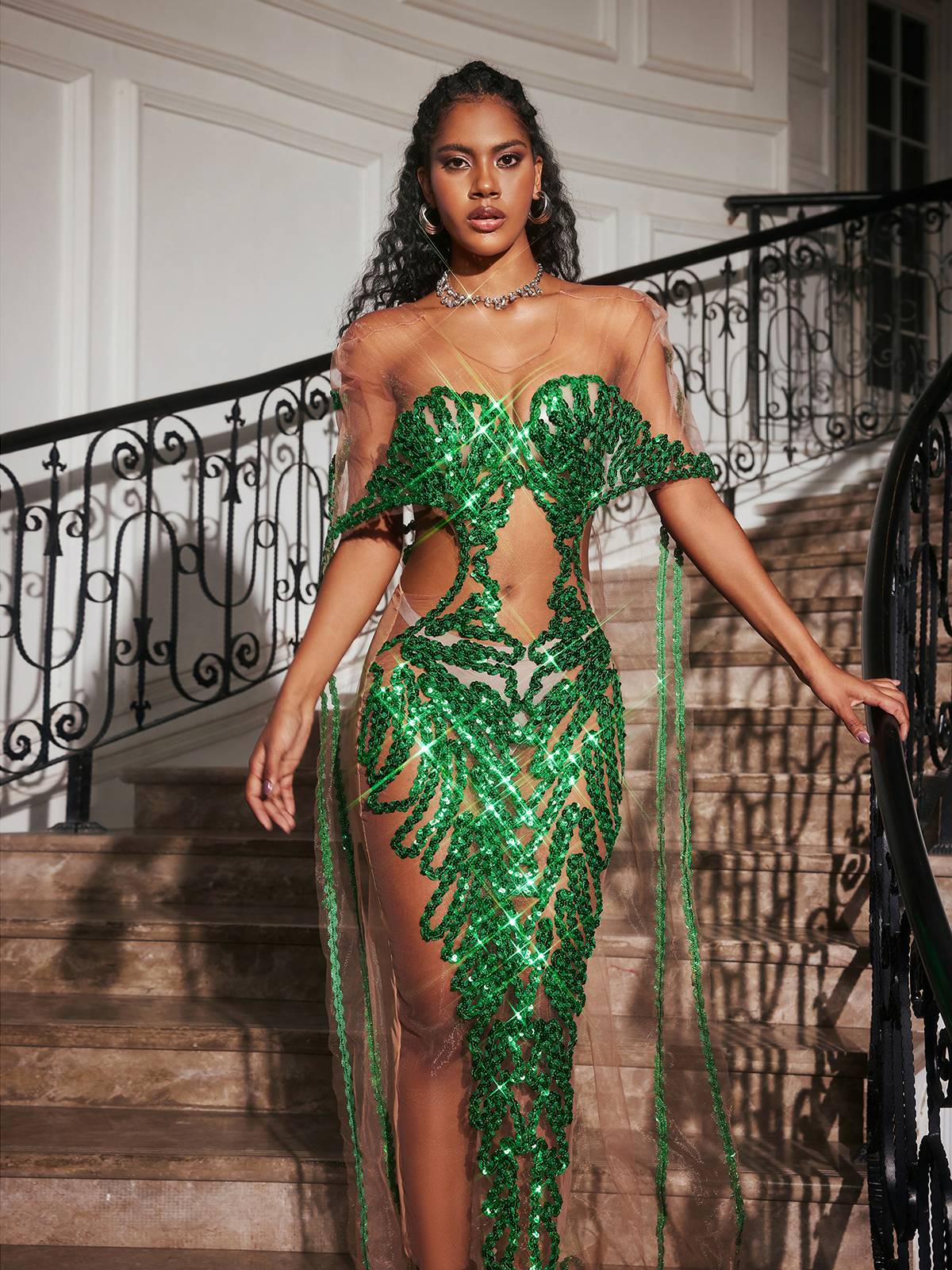 Cutout Sequin Embellished Maxi Dress