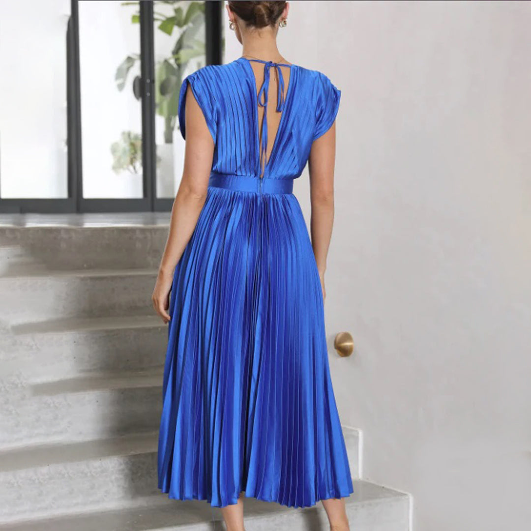 Deep V-Neck Satin Pleated Sleeveless A-Line Midi Dress