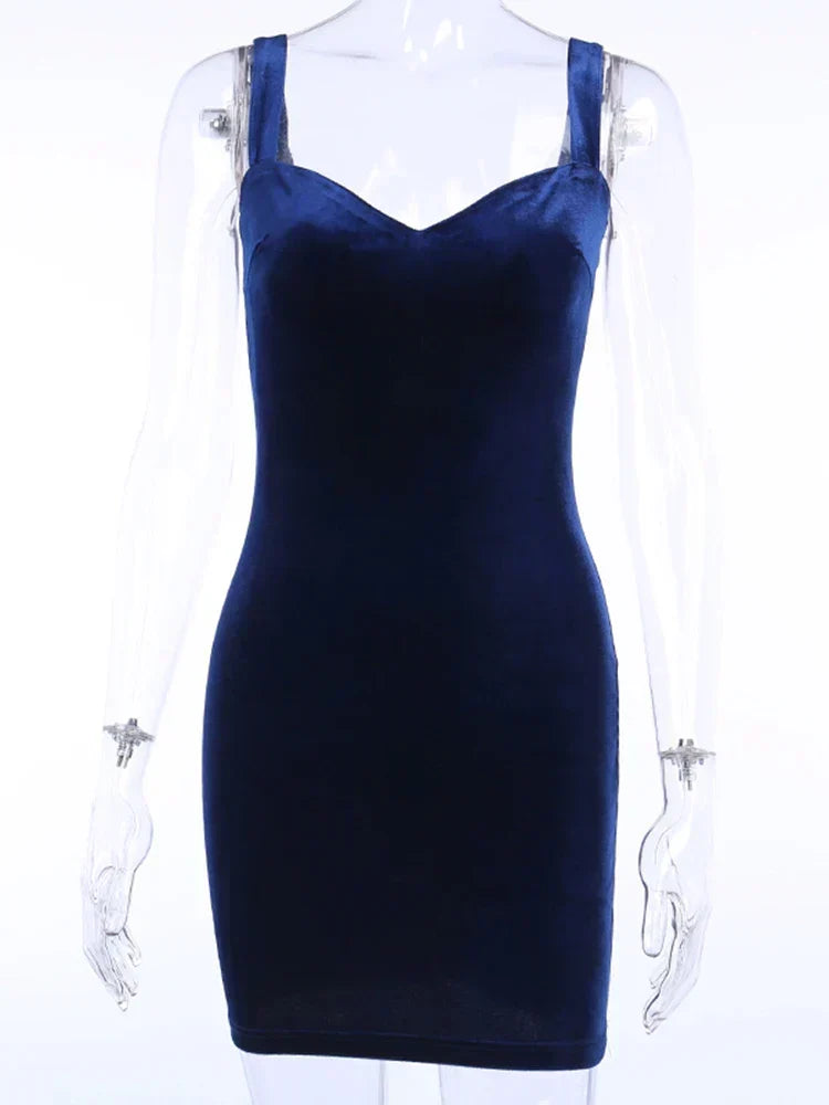 Blue V-Neck Spaghetti Strap Mini Sleeveless Skinny Soft Fashion Slim Bodycon Dress / S
