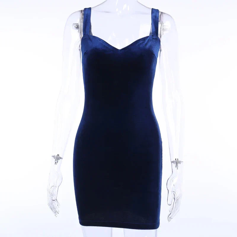 Blue V-Neck Spaghetti Strap Mini Sleeveless Skinny Soft Fashion Slim Bodycon Dress