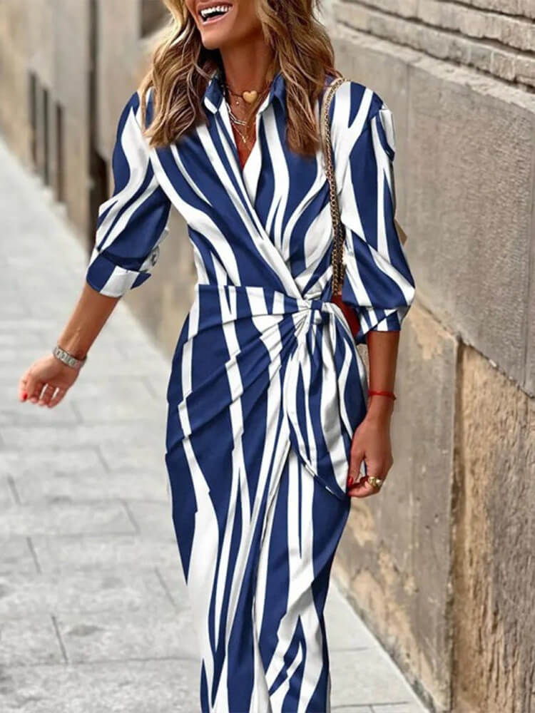 Blue Long Sleeve Zebra Stripe Midi Dress