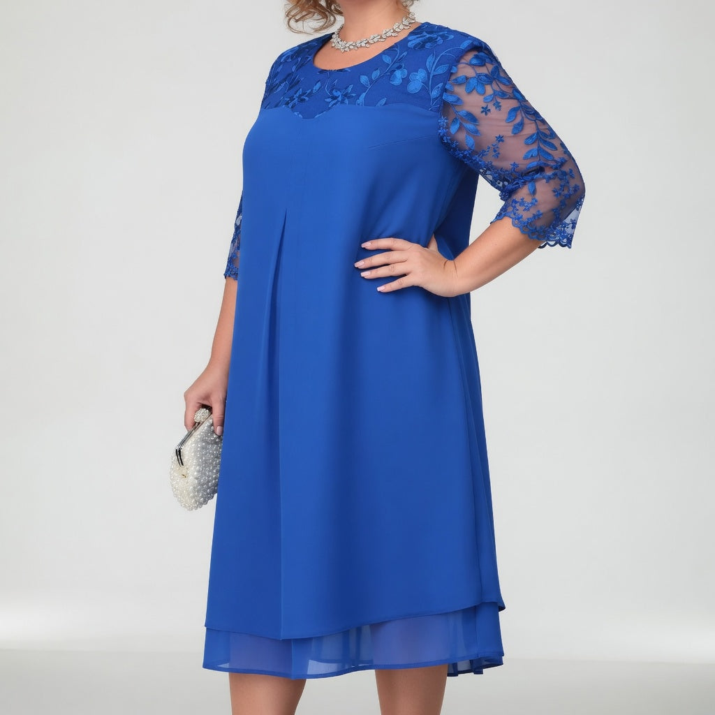 Round Neck Lace Illusion Yoke Half Sleeve Shift Midi Dress 3