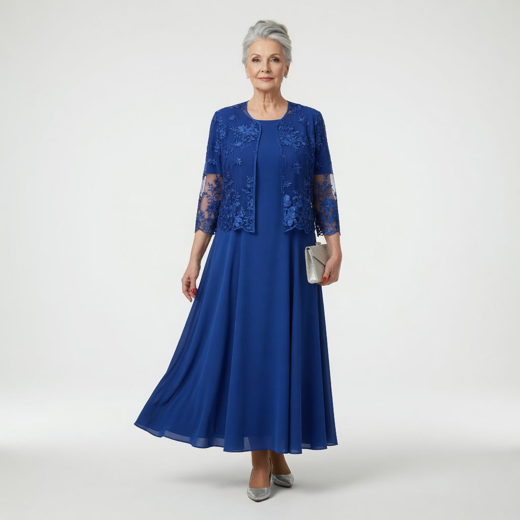 Round Neck Floral Lace Jacket Chiffon Maxi Dress Set