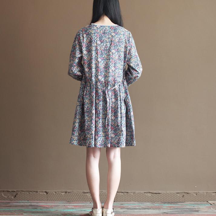 Blue floral cotton dresses bracelet sleeve fit flare dress long sleeve