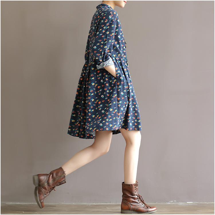Blue floral fit flare dress oversize shirt dresses spring cotton casual dresses