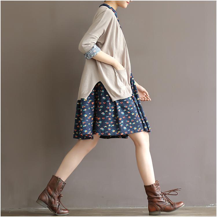 Blue floral fit flare dress oversize shirt dresses spring cotton casual dresses