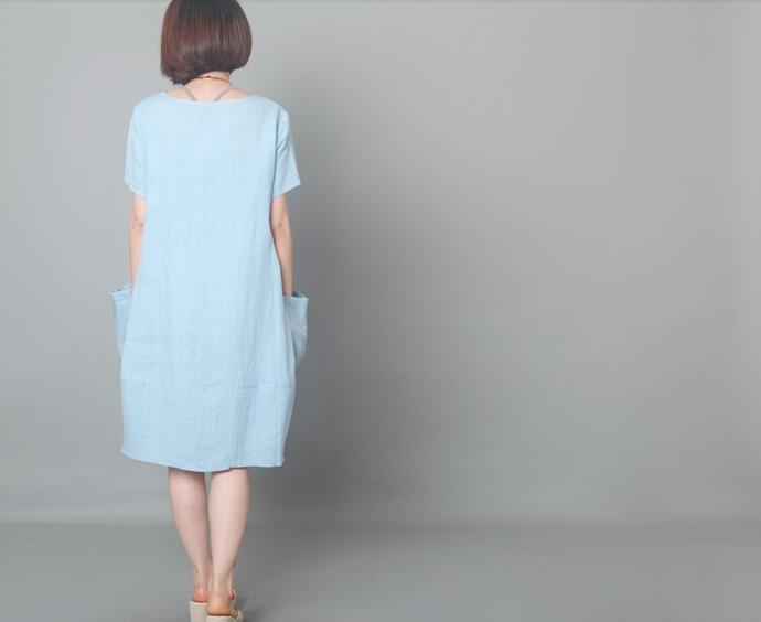Blue linen sundress oversize dress summer baggy shift dress