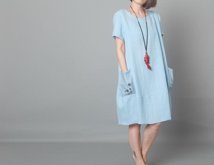 Blue linen sundress oversize dress summer baggy shift dress