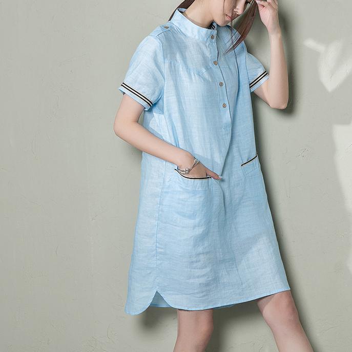Blue plus size linen sundress oversize linen summer dress shift shirt blouse