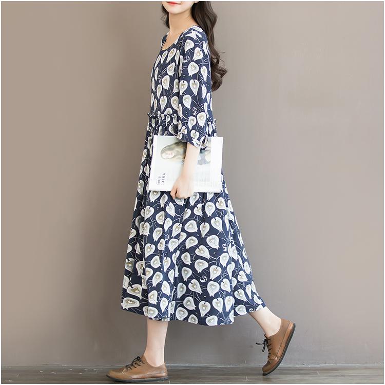 Blue print floral chiffon maxi dress oversize sundress summer half sleeve dress