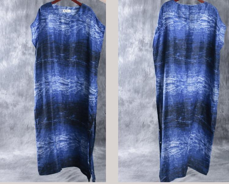 Blue print maxi dresses linen dress plus size caftans